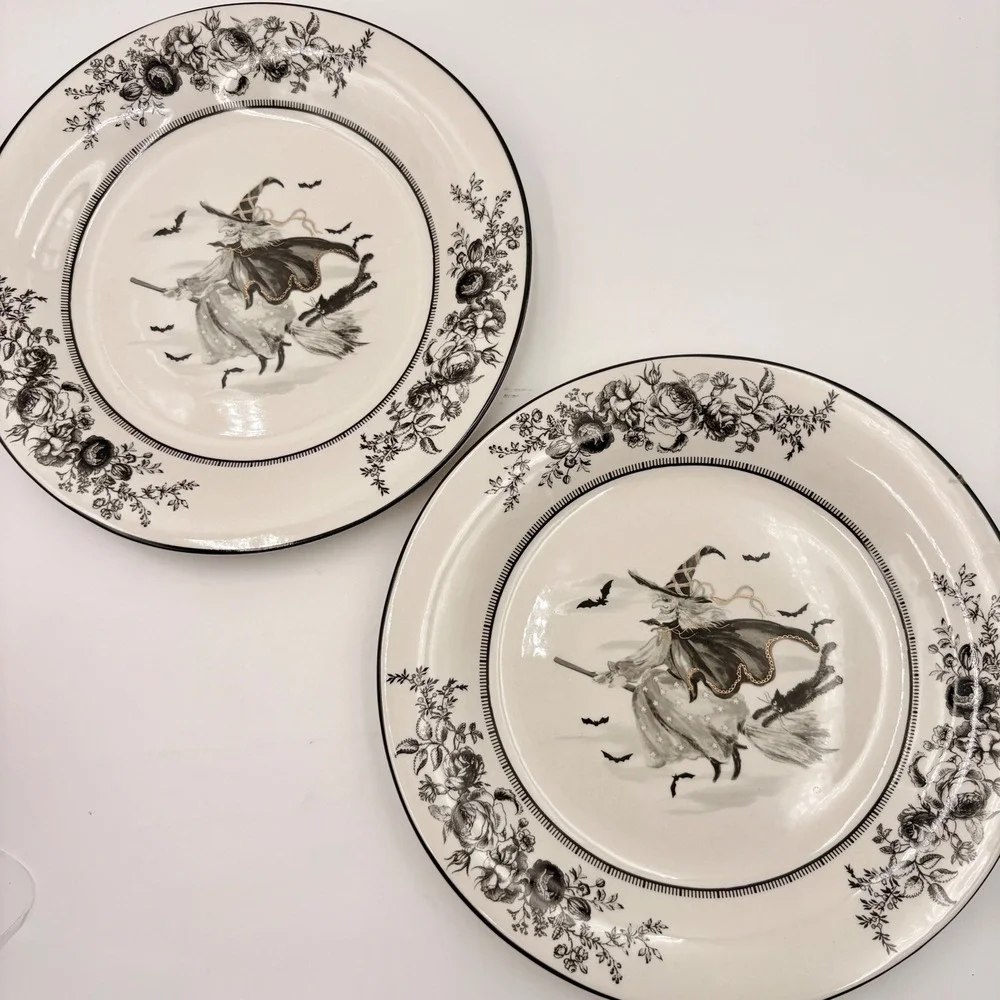 Potter's Studio Halloween Witch Black Cat Rose Dinner Plates Set of 2 Gold Trim